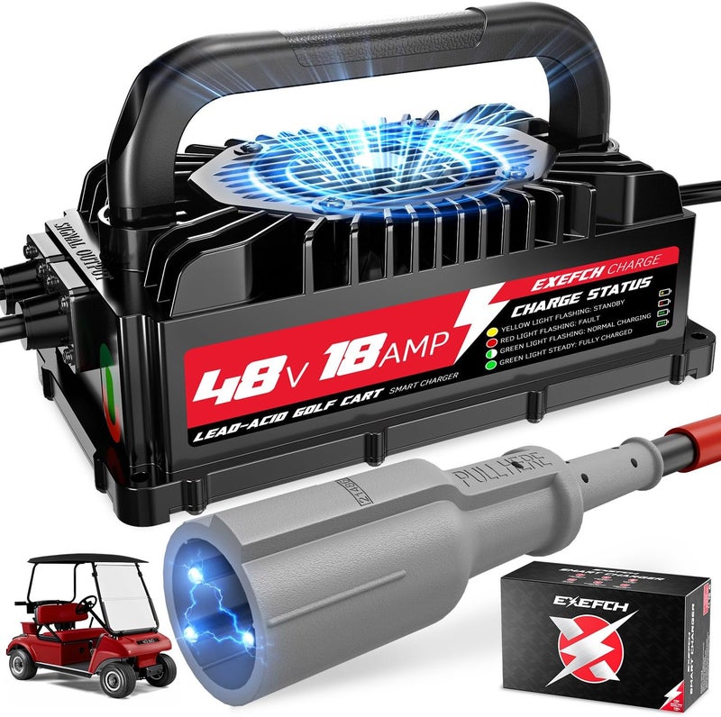 EXEFCH 48 Volt 18 Amp Golf Cart Charger with 3-Pin Round Plug for Club Car Precedent & DS Series Only for Lead Acid Battery Pro - Image 1